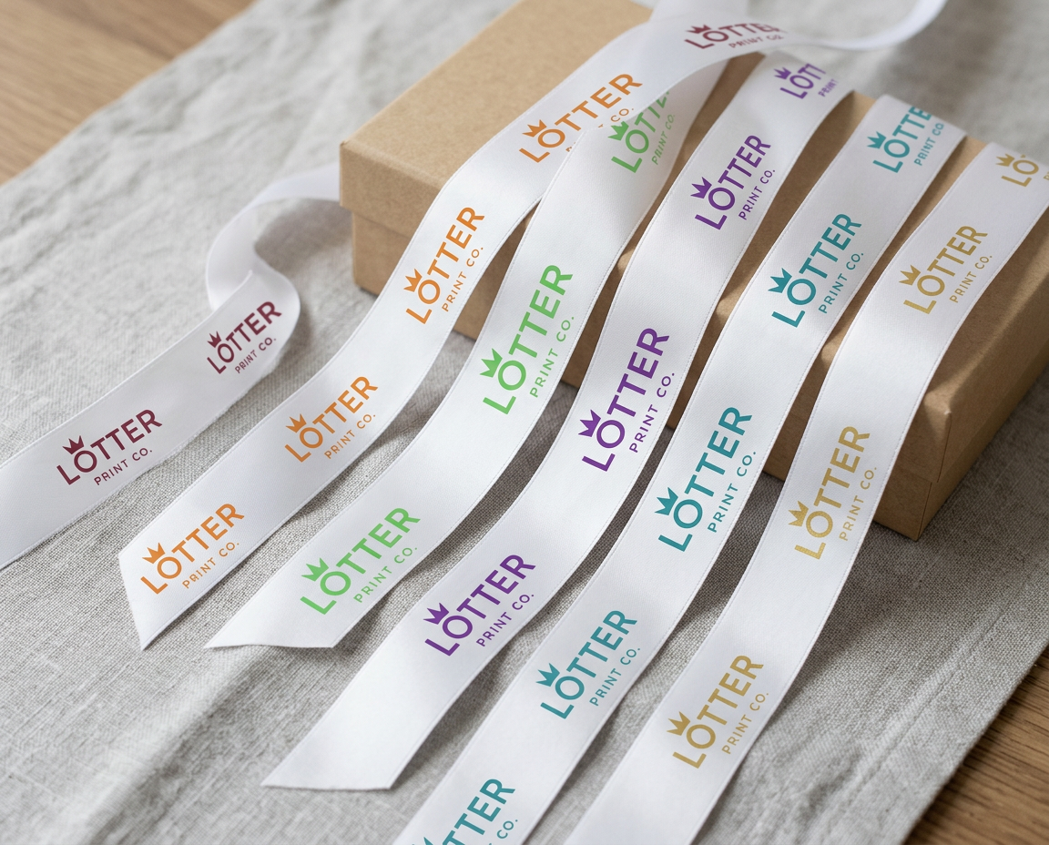 Several white branded ribbon strips cutsom printed with the Lotter Print Co logo in different colors are arranged over a kraft box on a light fabric surface.