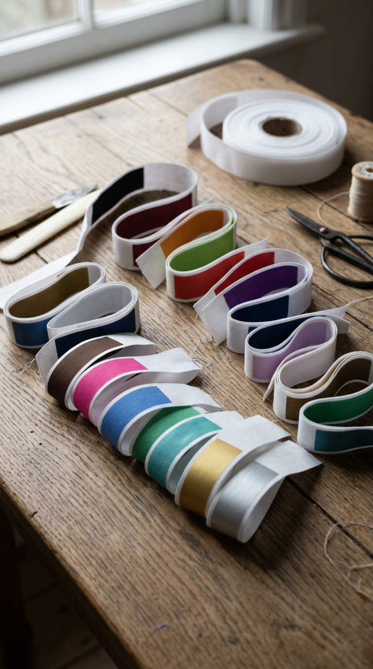 A collection of colorful ribbon rolls arranged on a rustic wooden table, with sewing tools like scissors, a spool of thread, and a utility knife nearby.