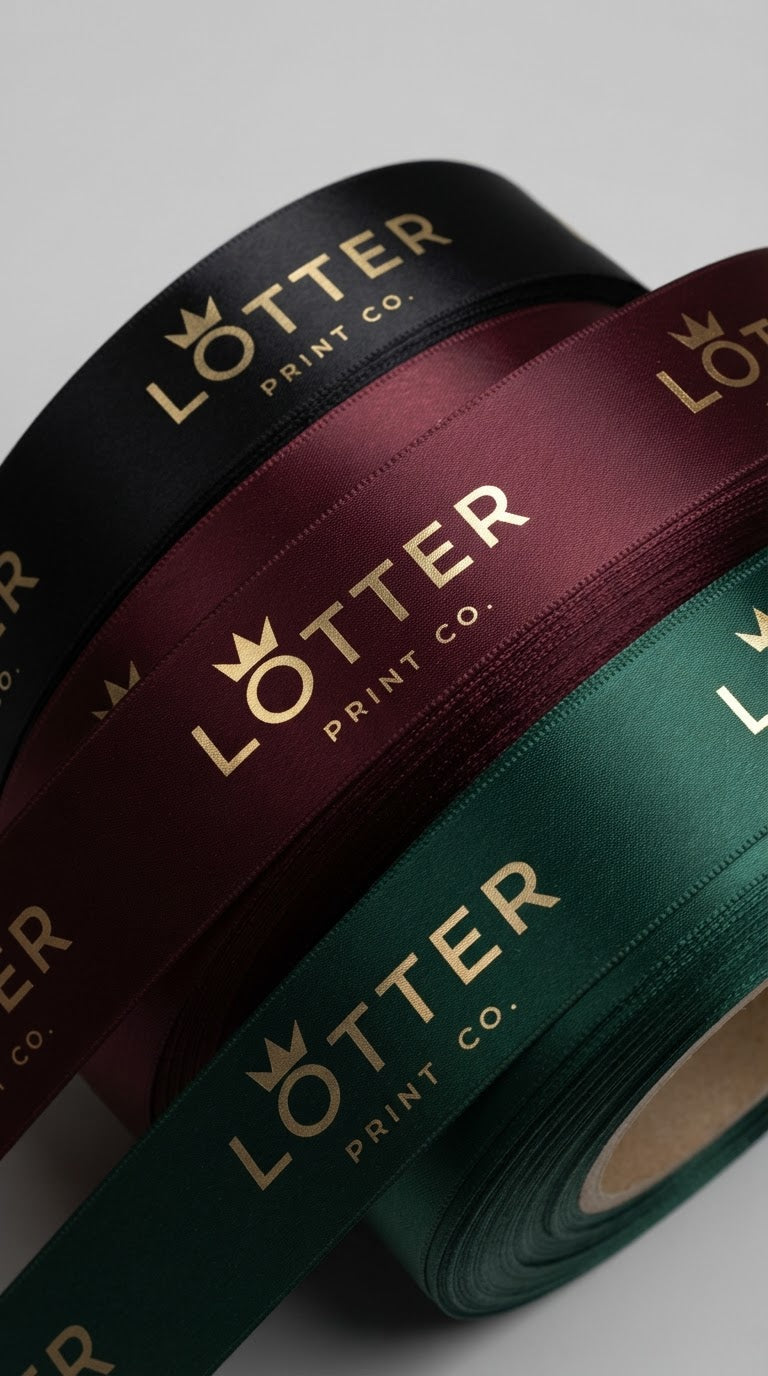Three rolls of satin ribbon in black, burgundy, and forest green, each cutom  printed with the gold 'LOTTER PRINT CO.' logo, arranged diagonally on a light gray background.