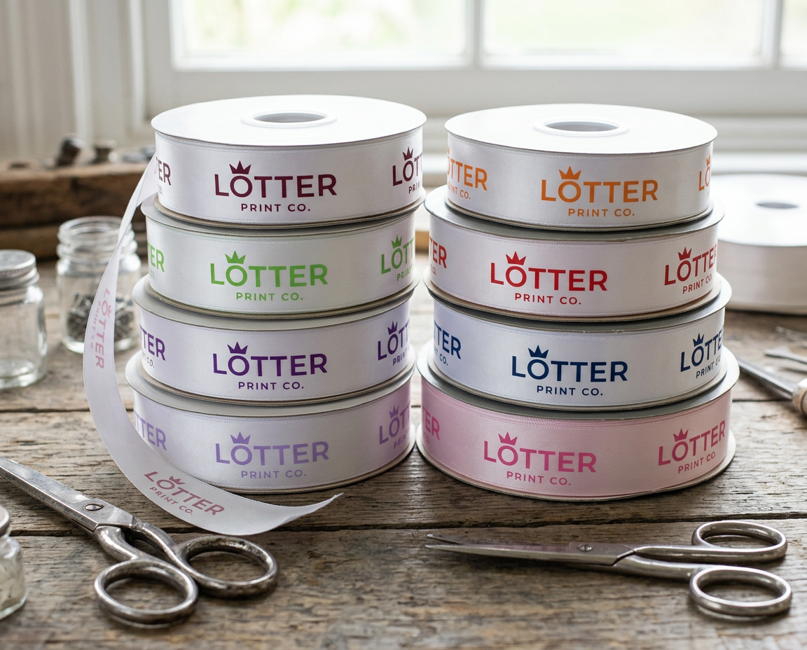 Six rolls of white ribbons, custom printed and branded  in different colors (purple, green, red, blue, pink, and white) stacked on a rustic wooden table with scissors in the foreground. The ribbons feature the printed logo 'LÖTTER PRINT CO.