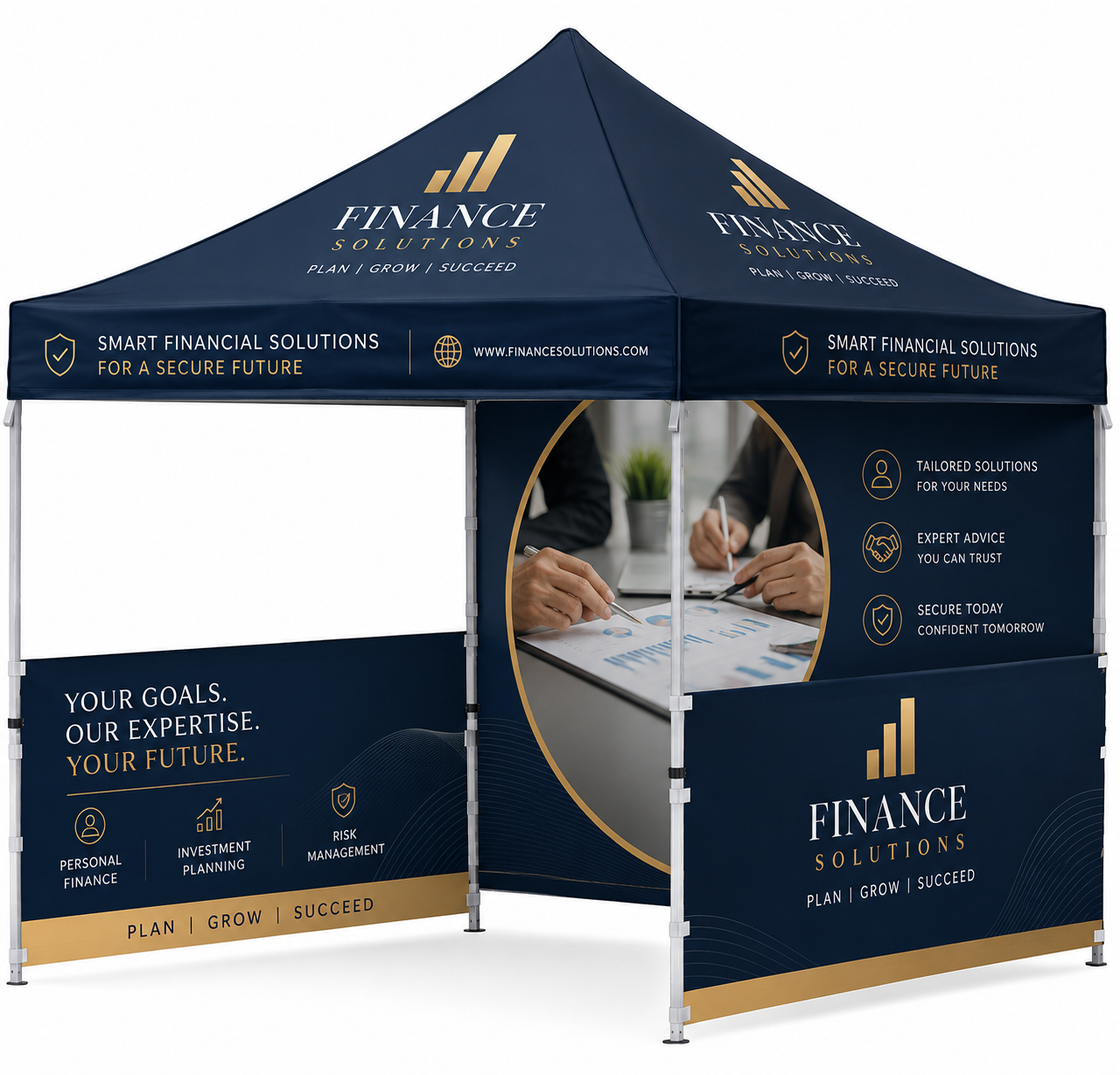 ￼3m x 3m Premium Branded Steel Gazebo with Custom Sublimated Canopy, 2 Half Walls and 1 Full Wall