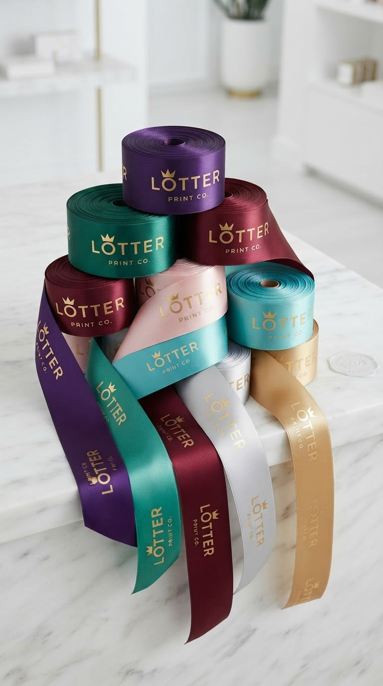 A stack of colorful custom printed satin ribbon rolls on a white marble surface, with the brand name LOTTER PRINT CO. printed in gold on each roll.